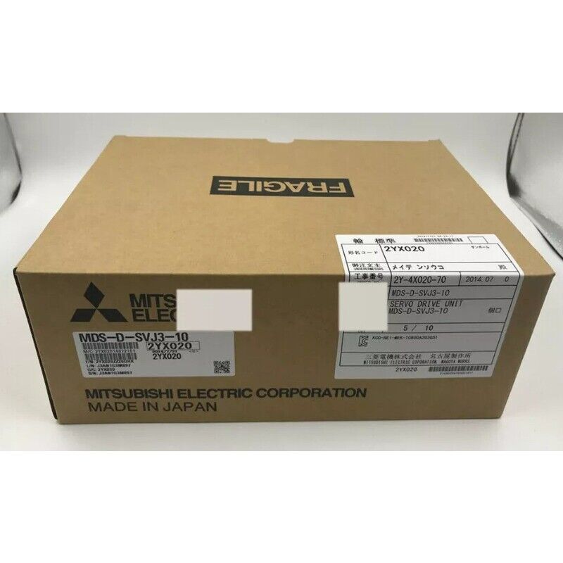Mitsubishi MDS-D-SVJ3-10 Servo Drive in cardboard box, labeled with product information and "FRAGILE" text, Made in Japan.