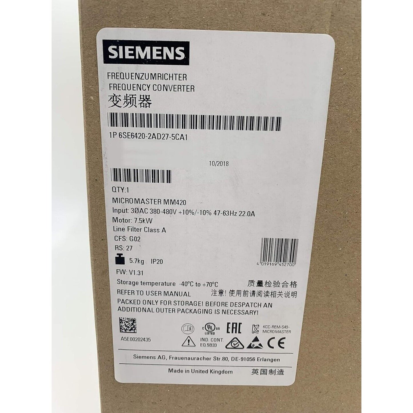 Siemens MICROMASTER 420 Frequency Converter in a box, model 6SE6420-2AD27-5CA1, industrial automation part.