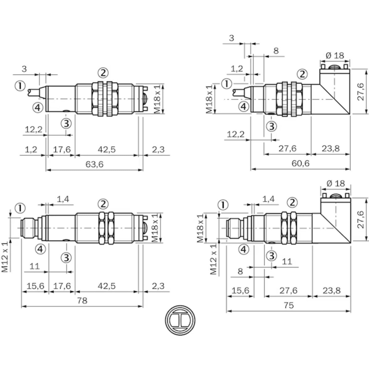 SICK VL18-3F3740 photoelectric sensor dimensional drawing, M12 and M18 connectors, industrial automation part