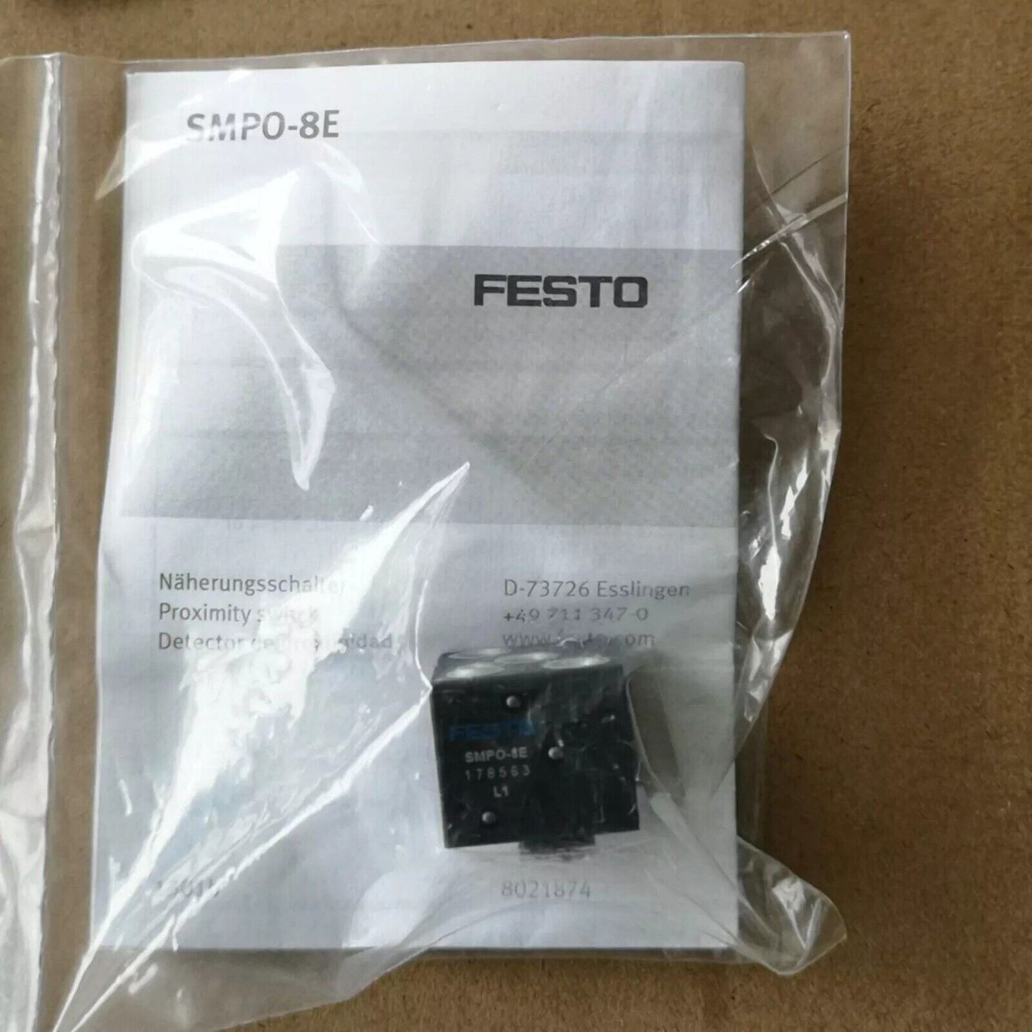 Festo SMPO-8E Proximity Sensor, industrial automation part in packaging. Part number 178563.