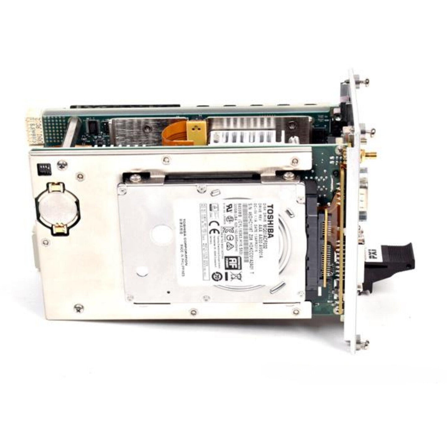 PXIe-8135 Controller internal view. Features Toshiba hard drive, designed for industrial applications.