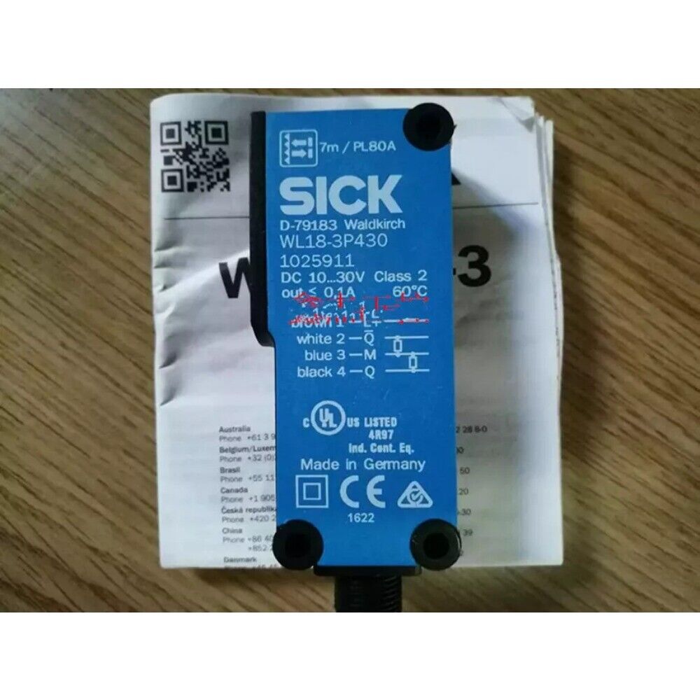 SICK WL18-3P430 photoelectric sensor with product details, Made in Germany, industrial automation part.
