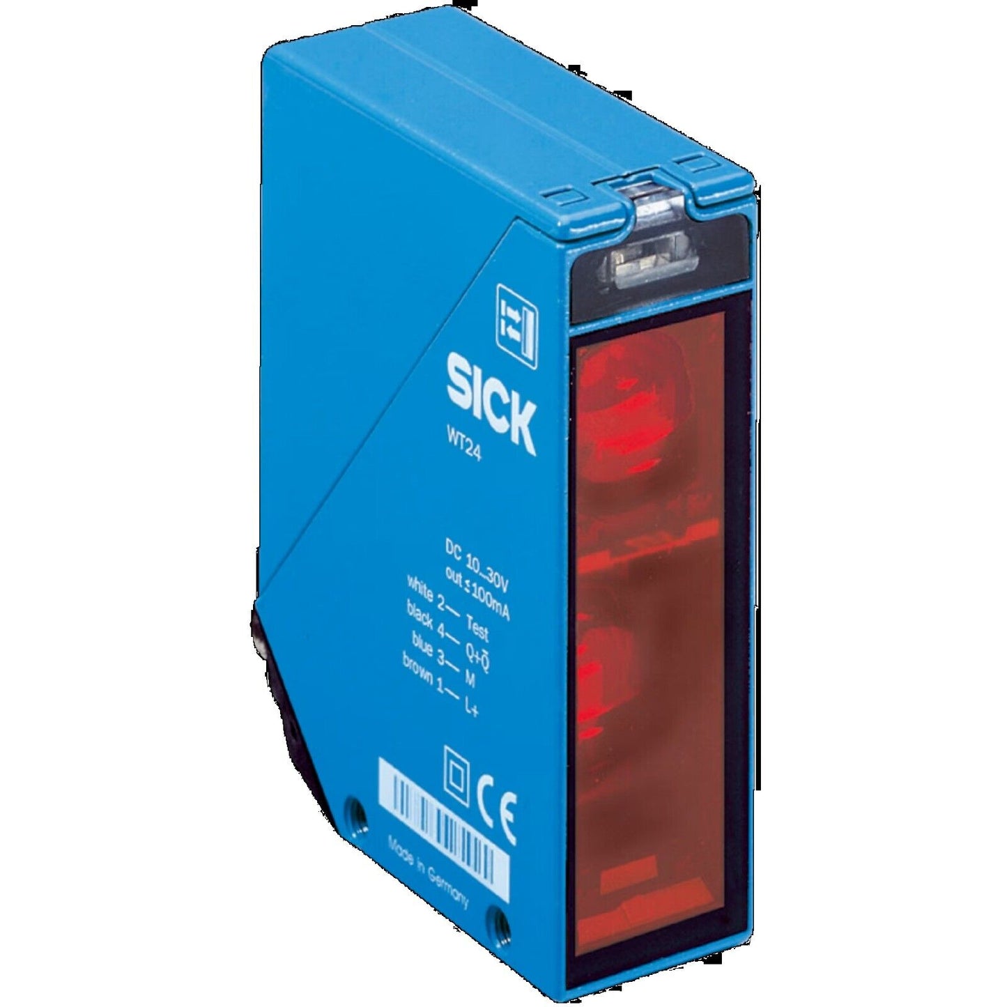 SICK WT24 Sensor, blue housing, industrial automation part. PLC sensor with DC 10-30V output, Made in Germany.