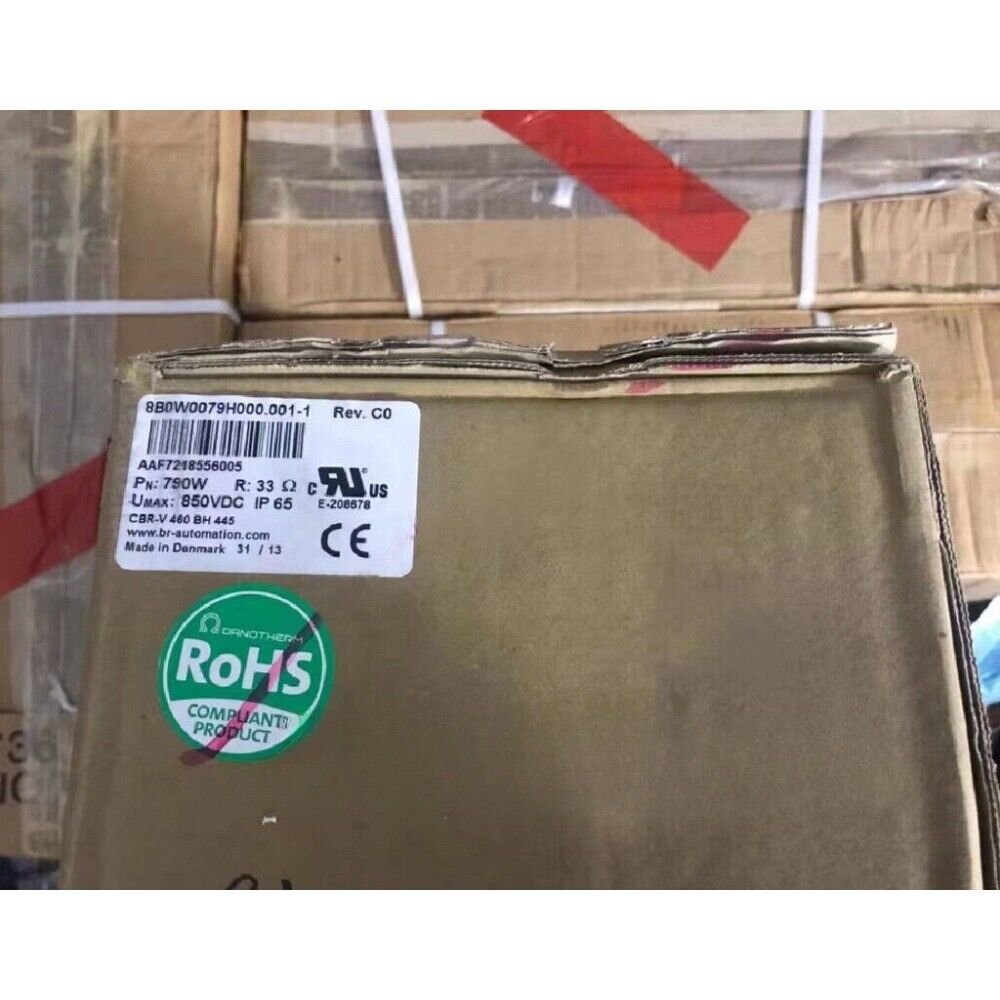 Braking Resistor 8B0W0079H000.001-1. Product label shows specifications and RoHS compliance. Manufactured in Denmark.