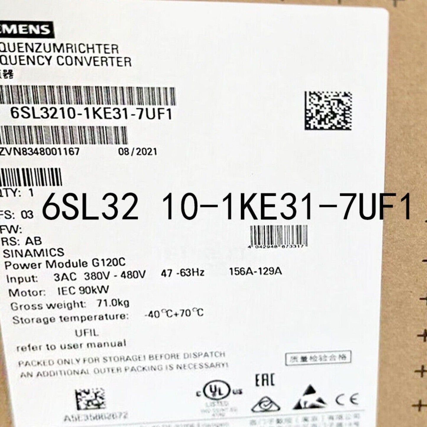 Siemens SINAMICS G120C Power Module 6SL3210-1KE31-7UF1 label with product specifications, industrial automation part.