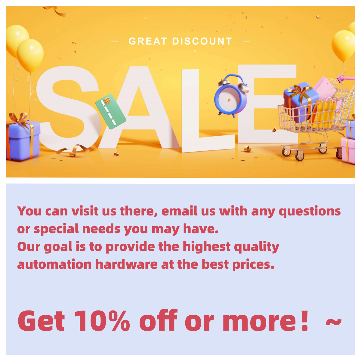 Great Discount SALE promotion image with gifts, alarm clock and shopping cart, Get 10% off or more on automation hardware.