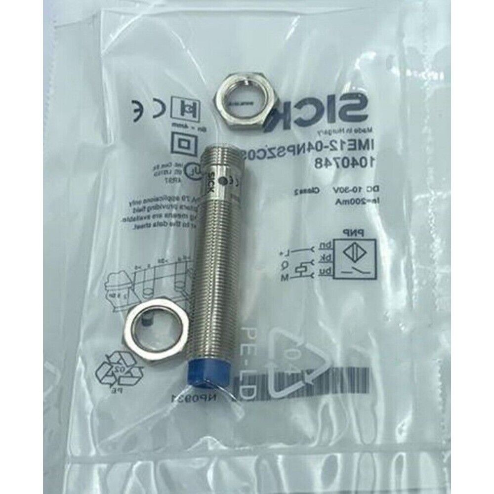 SICK IME12-04NPSZC0S Proximity Sensor, stainless steel body, blue cap, industrial automation part.