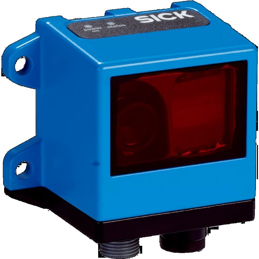 SICK OLM100-1201 Linear Measurement Sensor. Blue housing, red indicator, and SICK logo.