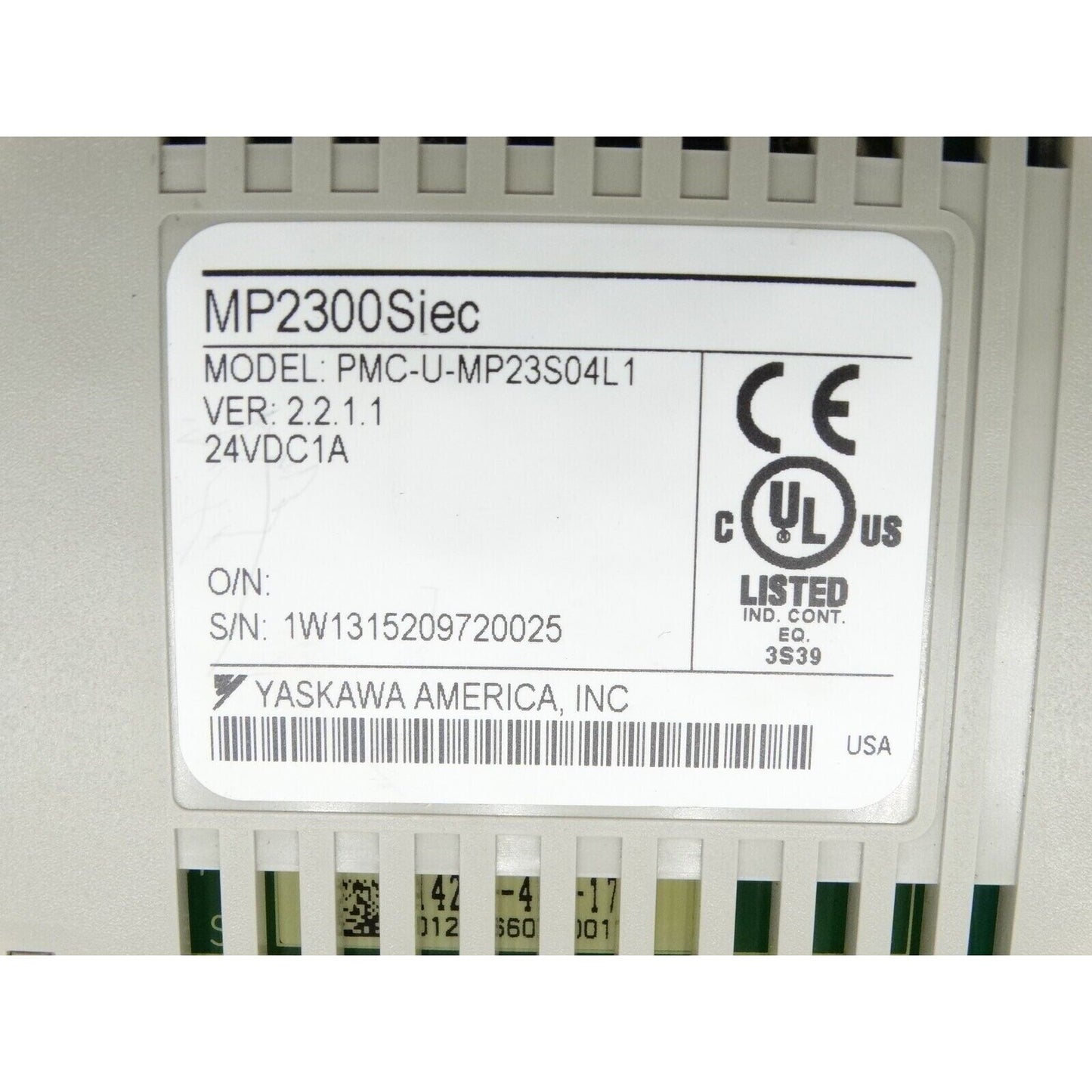 YASKAWA PMC-U-MP23S04L1 servo drive label, model MP2300S Siec, industrial automation part, with CE and UL markings, USA made.