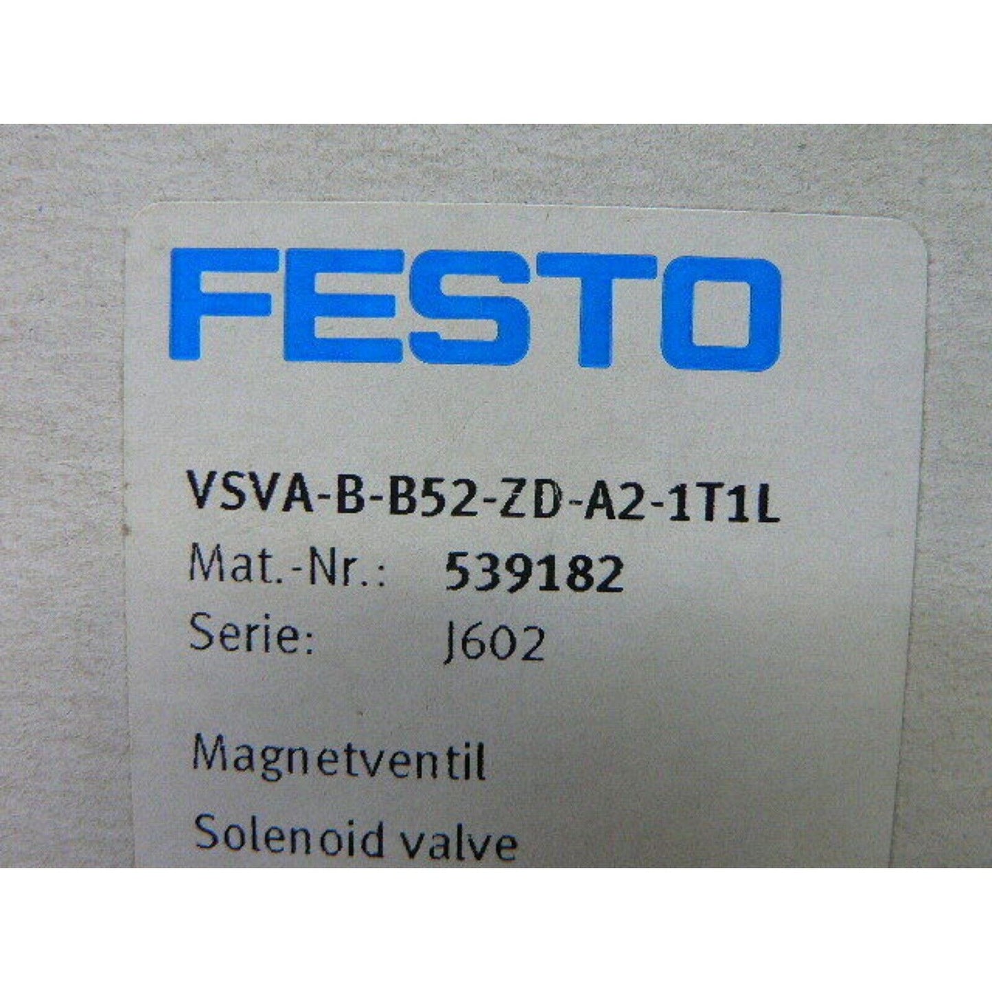 FESTO VSVA-B-B52-ZD-A2-1T1L Solenoid Valve label, part number 539182, industrial automation part.