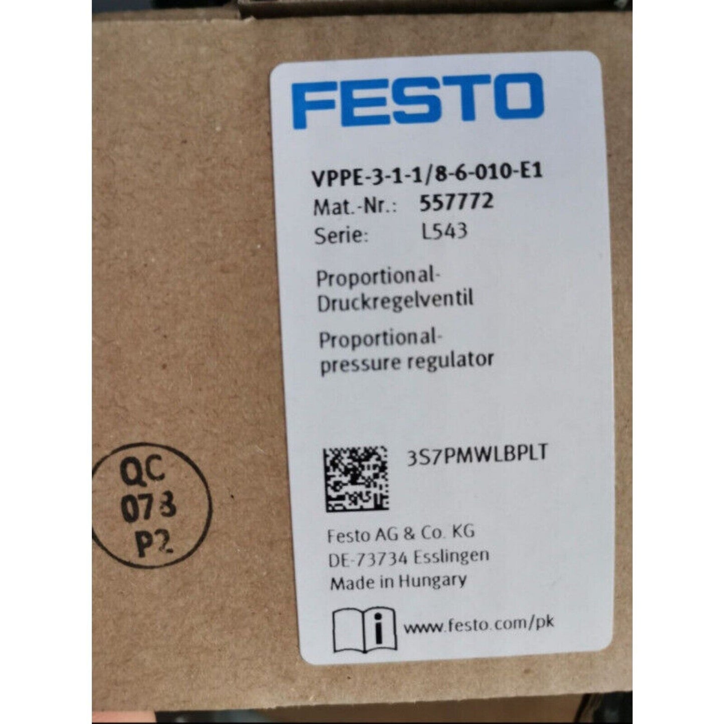 Festo VPPE-3-1-1/8-6-010-E1 Proportional Pressure Regulator Label