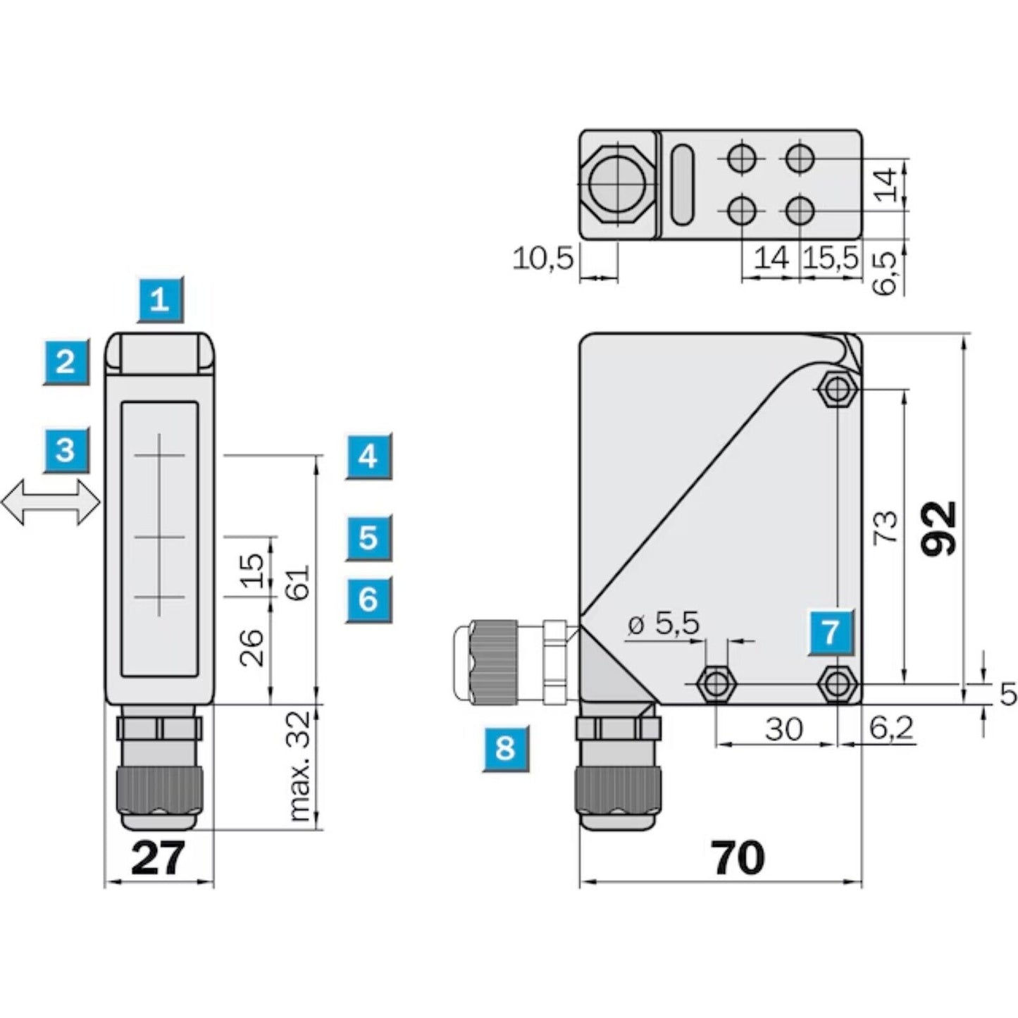 Technical drawing of SICK WT34-R220 photoelectric proximity sensor, showing dimensions in mm.