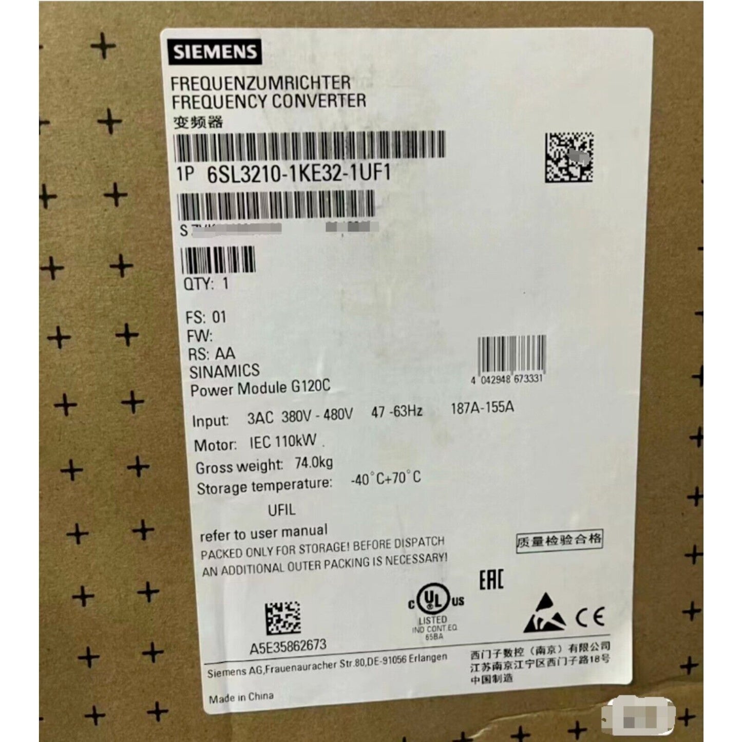 Siemens SINAMICS G120C frequency converter product label, 6SL3210-1KE32-1UF1, IEC 110kW.
