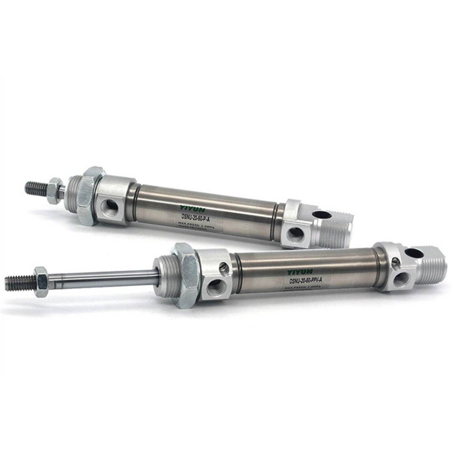 YIYUN DSNU-20-50-P-A and DSNU-20-50-PPV-A pneumatic cylinder actuators, stainless steel construction, automation parts.