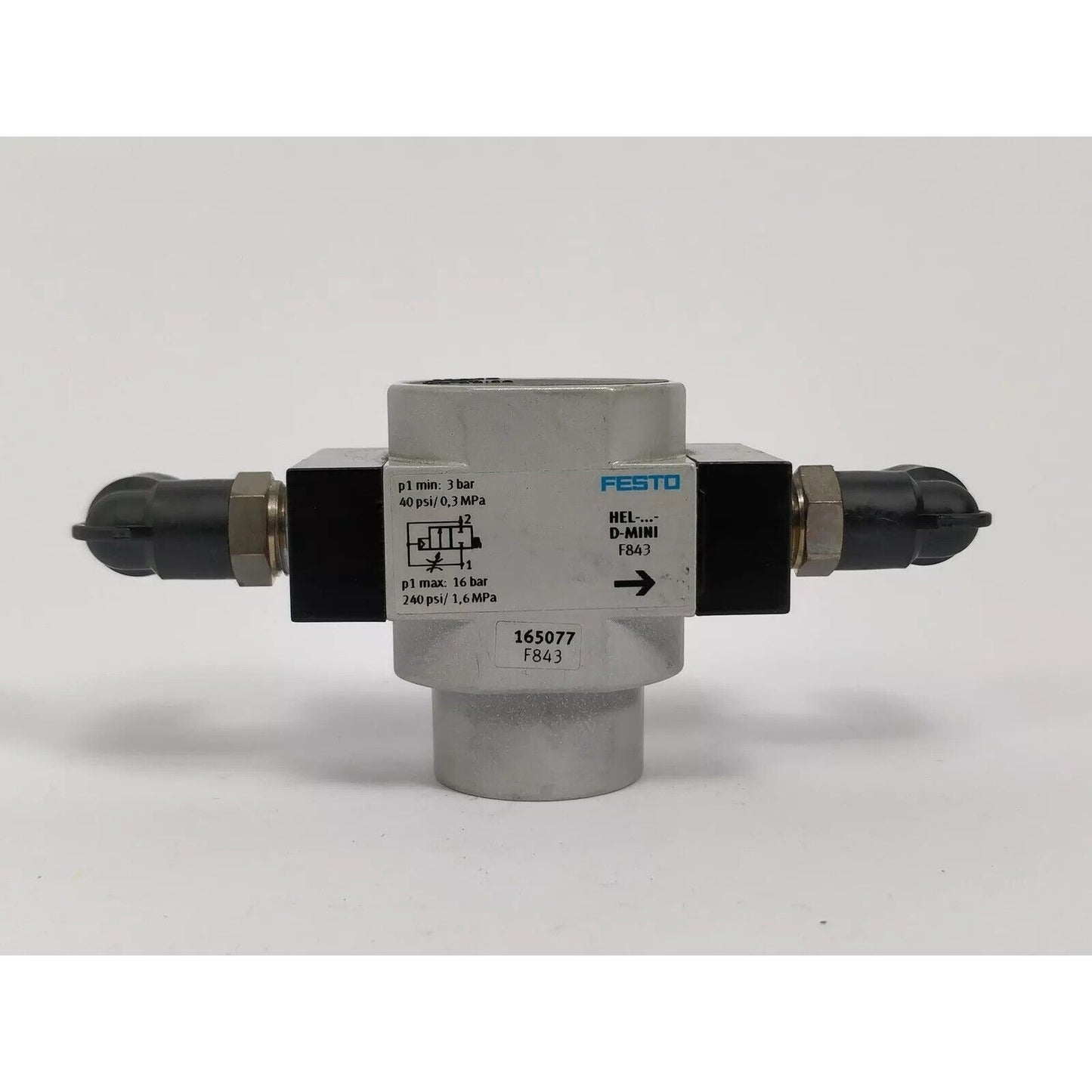 Festo HEL-1/4-D-MINI on/off valve. Industrial automation component with pressure specifications.