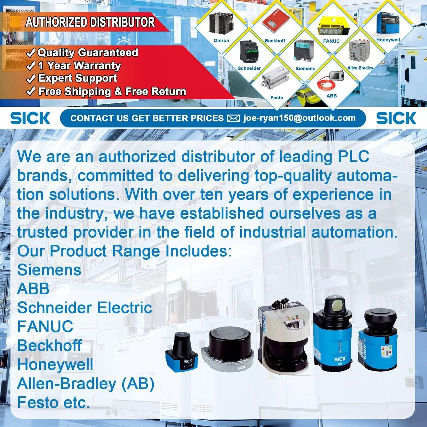 SICK & other brands: industrial automation distributor. Includes Siemens, Allen-Bradley, sensors.