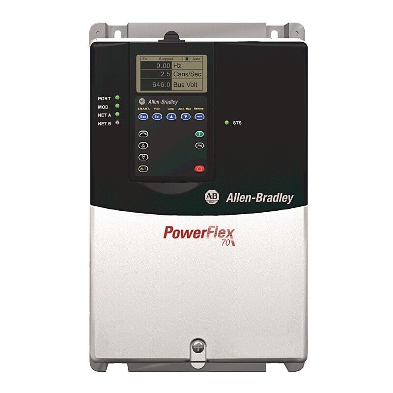 Allen-Bradley PowerFlex 70 series drive, showing display with readings, black and silver color.
