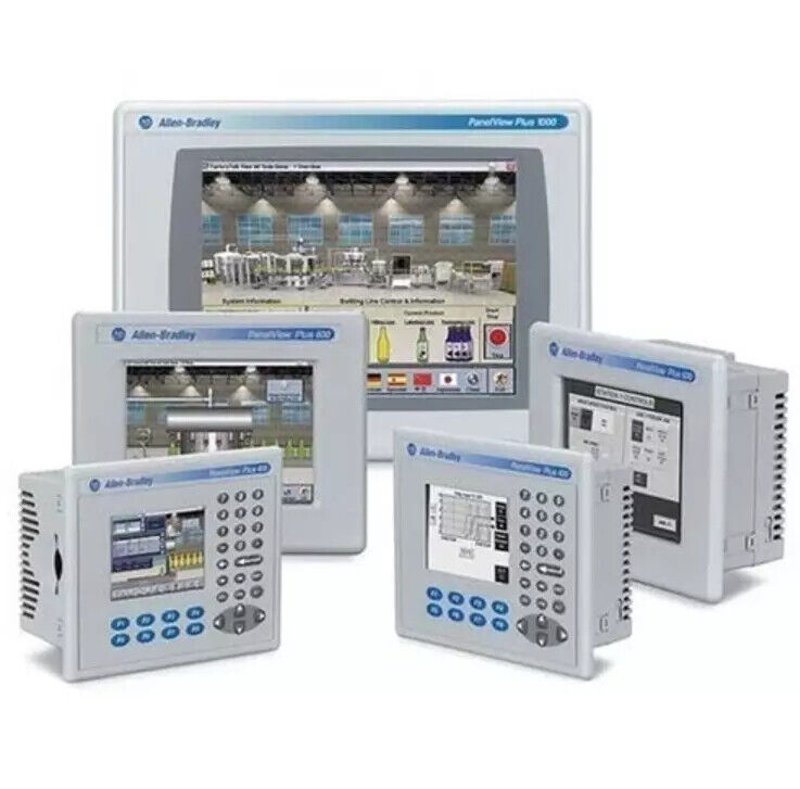 Allen-Bradley PanelView Plus 600/1000 HMI display panels showing factory process control, white enclosures.