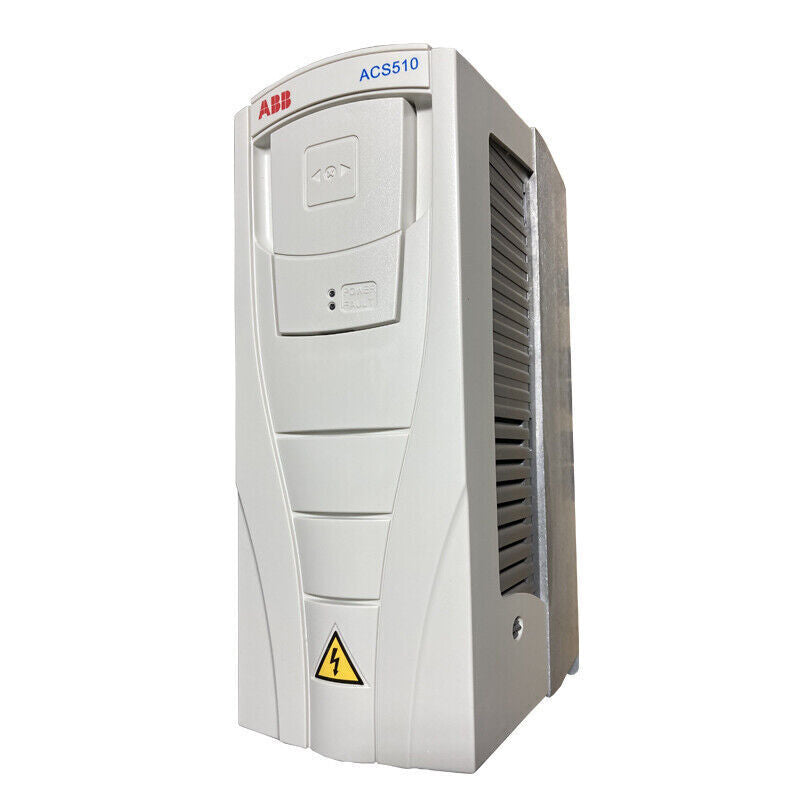 ABB ACS510 AC drive. White and grey enclosure with safety symbol, Power Fault indicators. Industrial motor control unit.