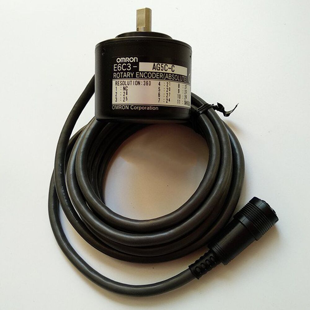 Omron E6C3-AG5C-C Rotary Encoder, 360P/R, industrial automation part. Black encoder with cable and connector.