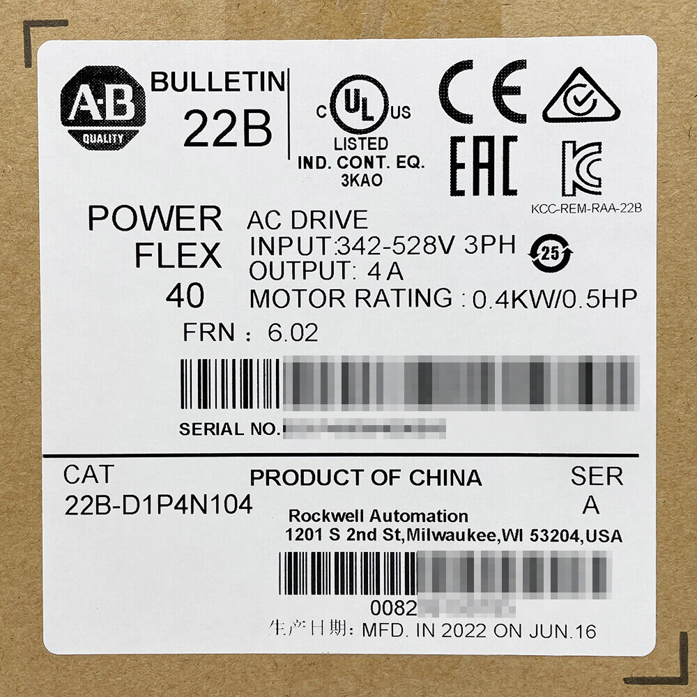 Allen-Bradley PowerFlex 40 AC Drive 22B-D1P4N104 label with input 342-528V, 3-Phase, output 4A. Made in China.