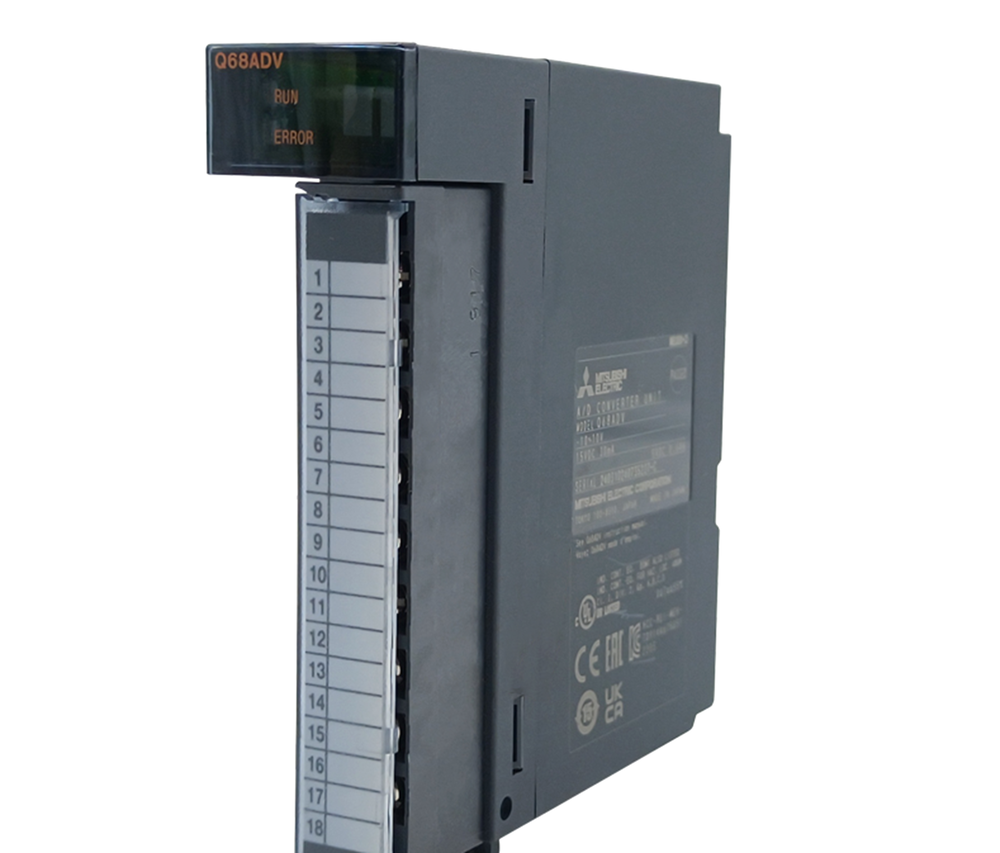 Mitsubishi Q68ADV PLC Module, grey industrial automation component with RUN and ERROR indicators.