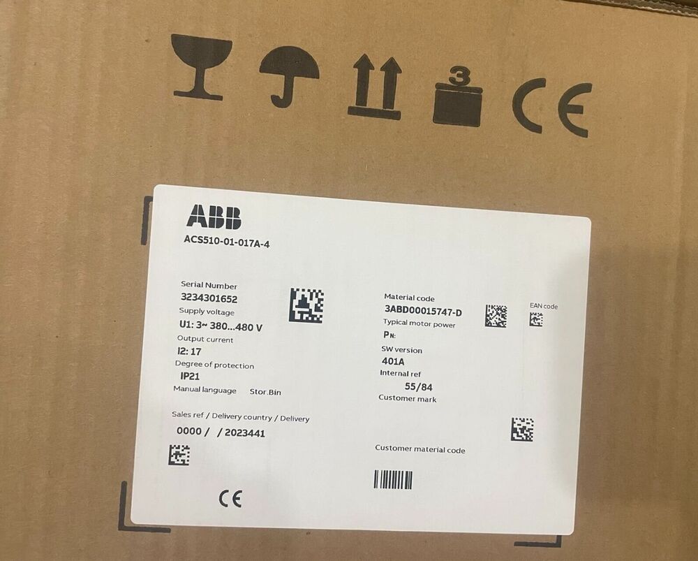 ABB ACS510-01-017A-4 frequency converter product information label, serial number, and specifications.