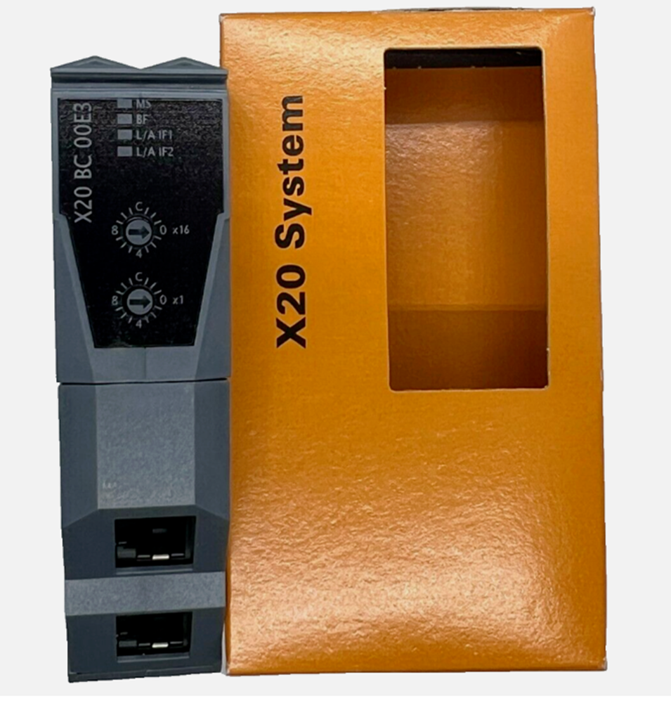 B&R X20BC00E3 PLC Controller Module, gray industrial automation component with orange packaging, X20 System