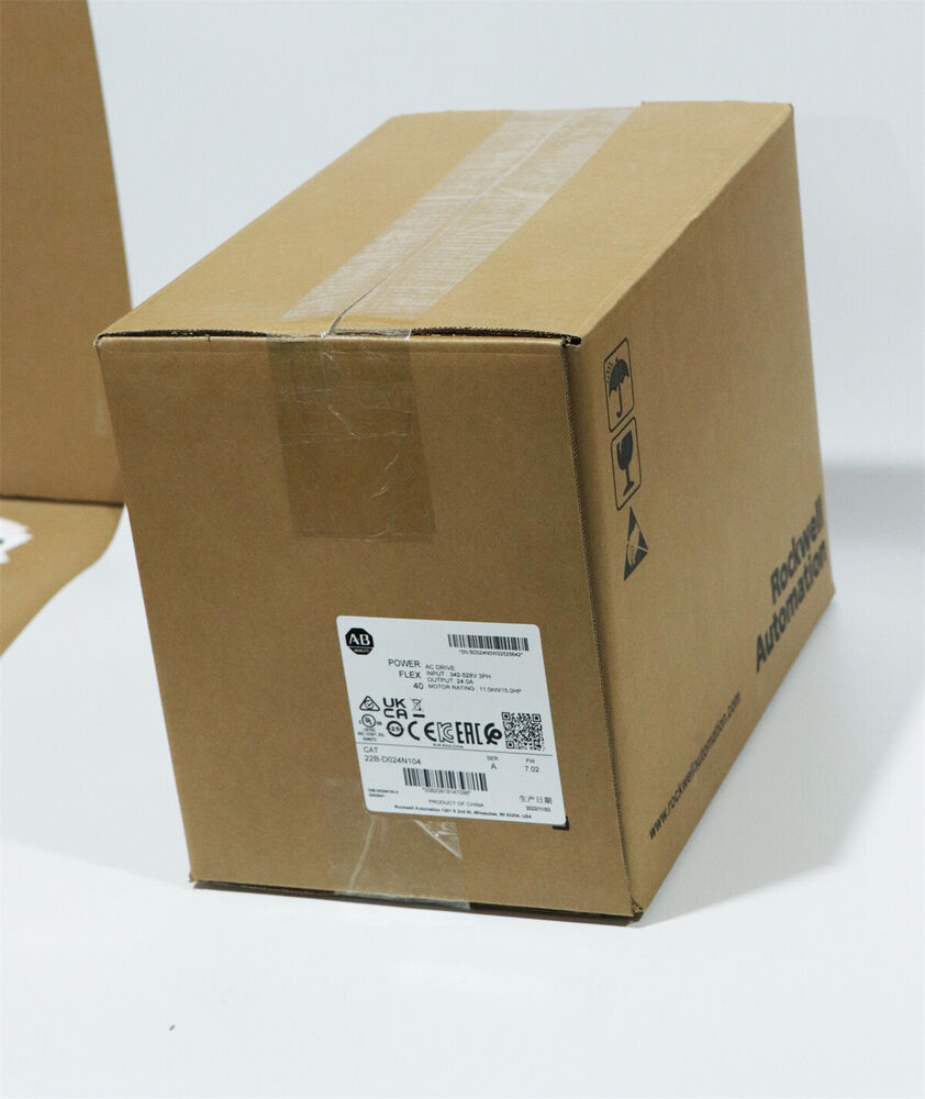 Allen-Bradley PowerFlex 40 AC Drive in its original box. Model 22B-D024N104, marked with specifications for motor control.