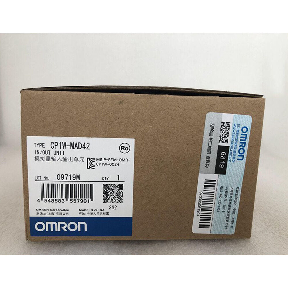 Omron CP1W-MAD42 PLC Module box, new, with labels, Made in China, featuring barcode and product details.