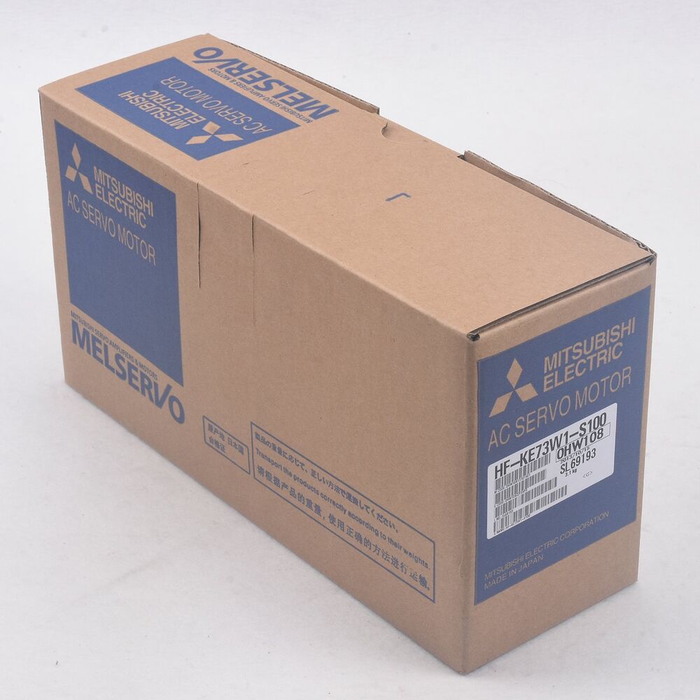 Mitsubishi HF-KE73W1-S100 AC Servo Motor in box, industrial automation equipment, Made in Japan.