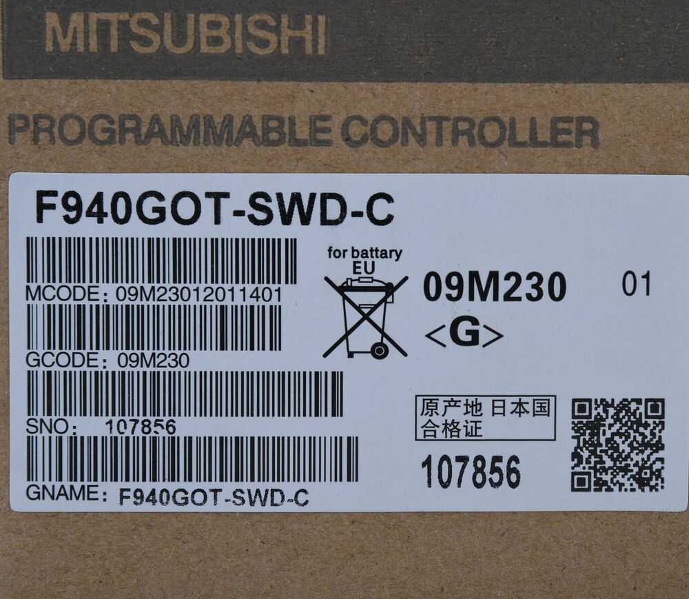 Mitsubishi F940GOT-SWD-C programmable controller label. Industrial automation part, with product information and barcode.