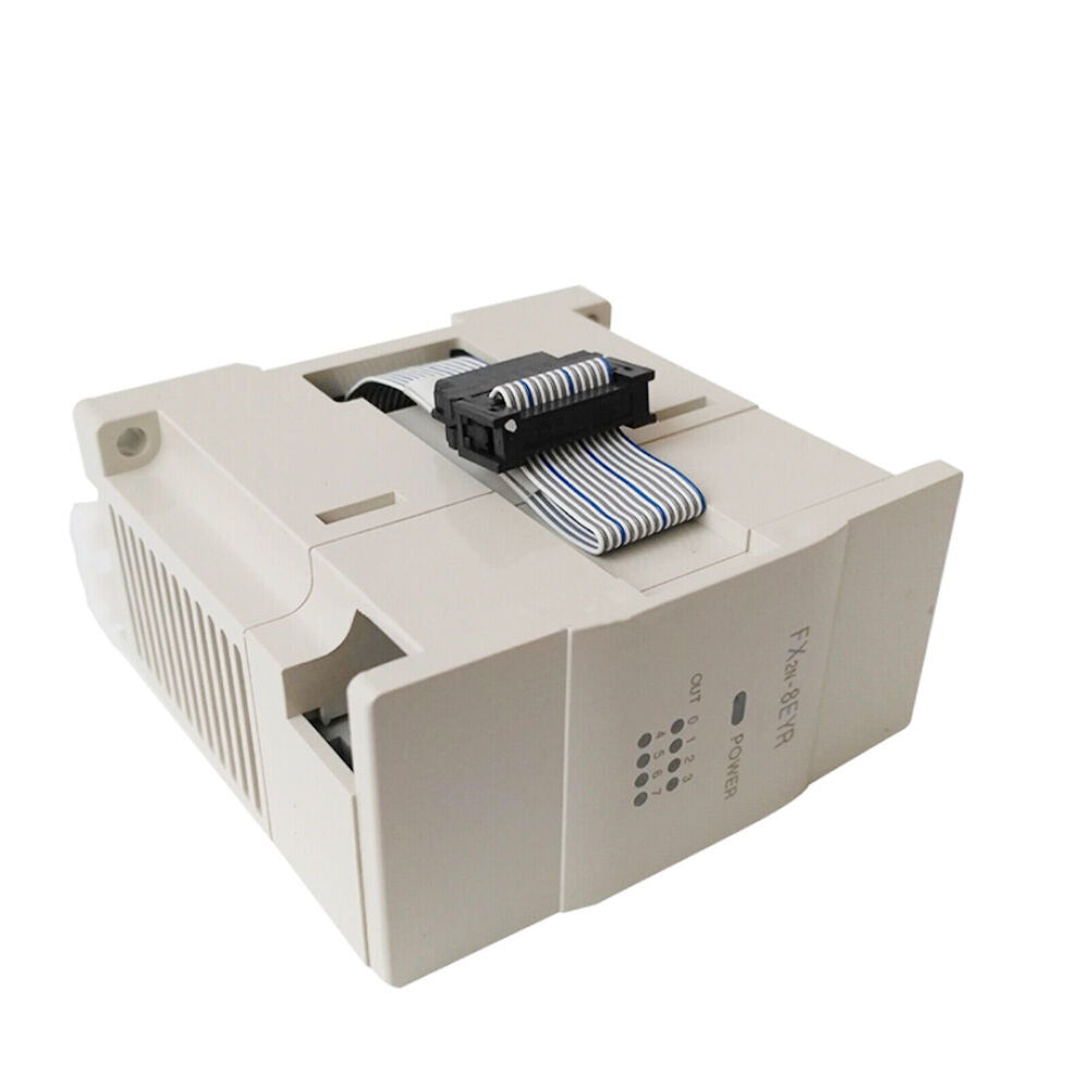 Mitsubishi FX2N-8EYR PLC module with connector and indicator lights, industrial automation component