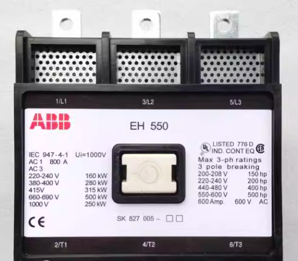 ABB EH-550 Contactor, industrial automation part, IEC 947-4-1 compliant, AC ratings and voltage details.