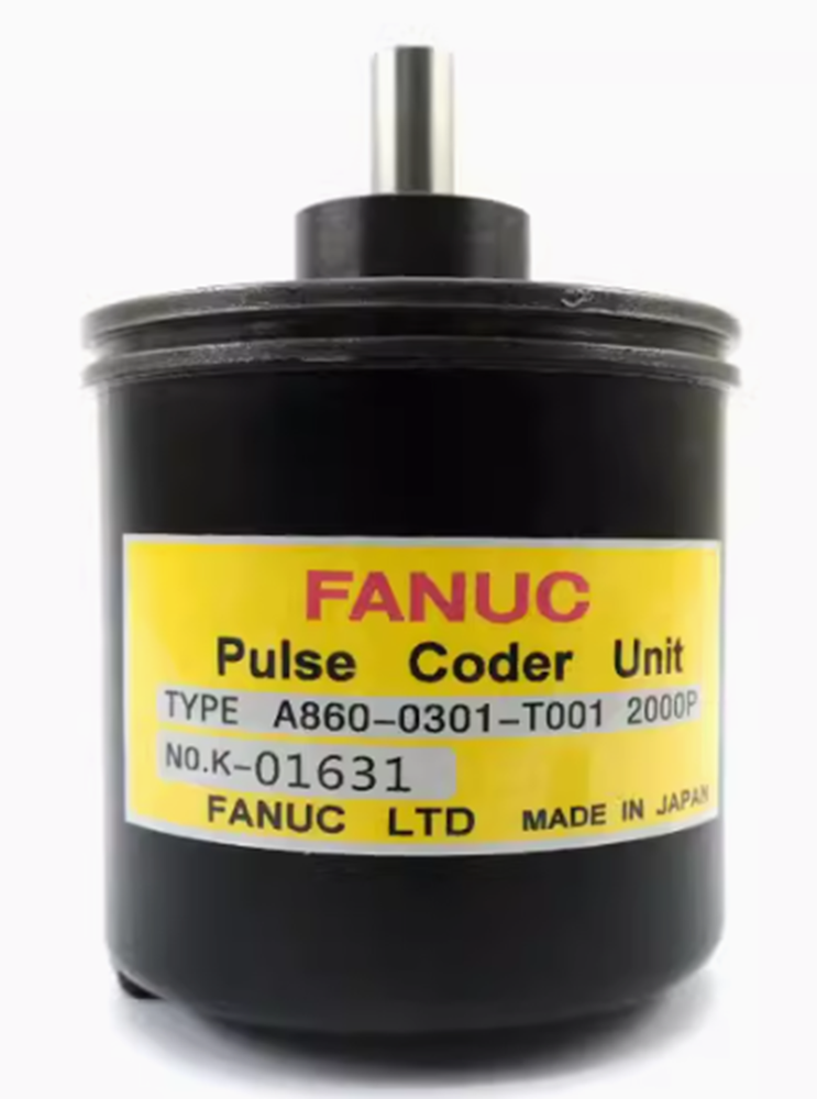 FANUC A860-0301-T001 Rotary Encoder 2000P, black cylinder with yellow label, industrial automation part, Made in Japan.
