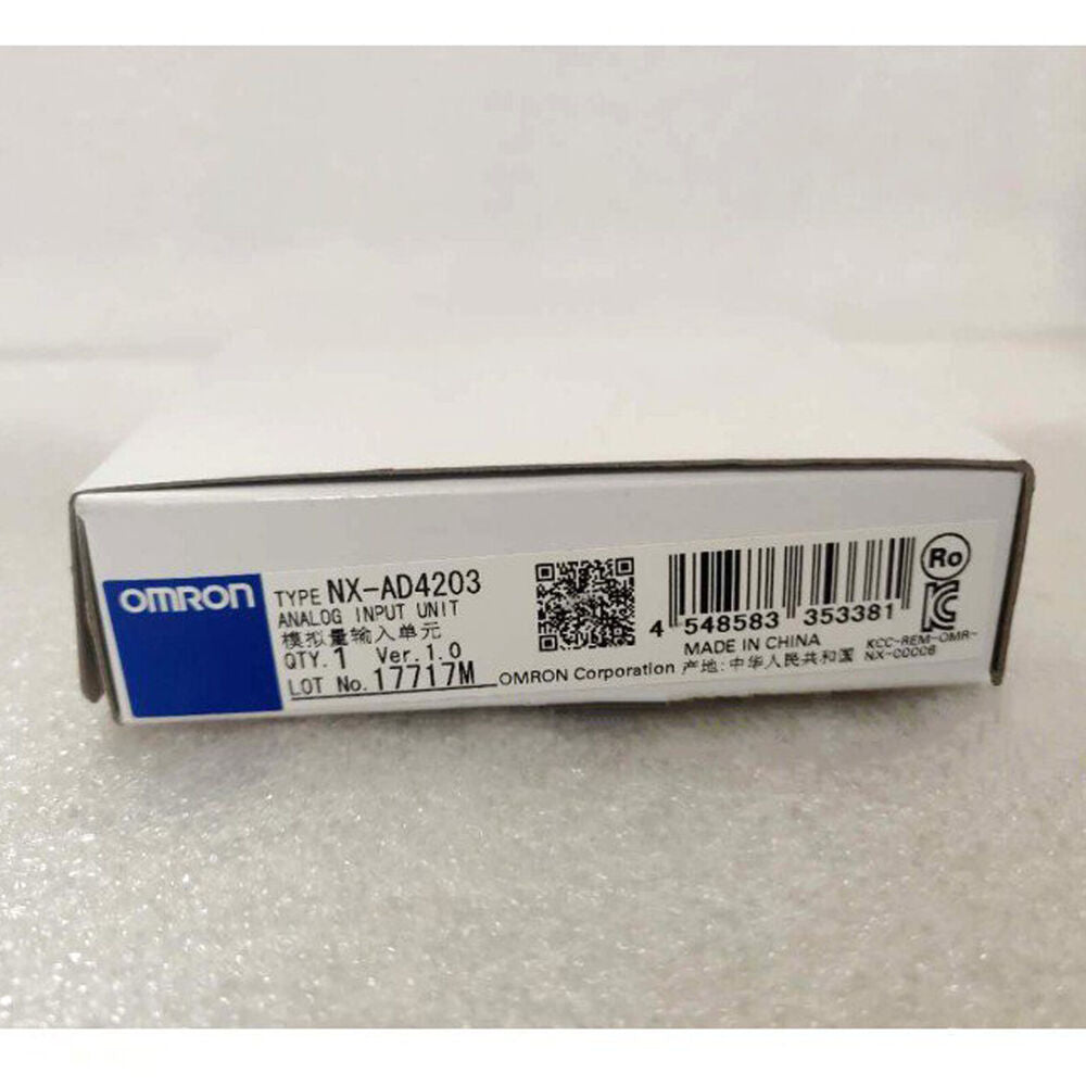 Omron NX-AD4203 Analog Input Unit in box, industrial automation part, new condition, made in China, featuring the Omron logo.