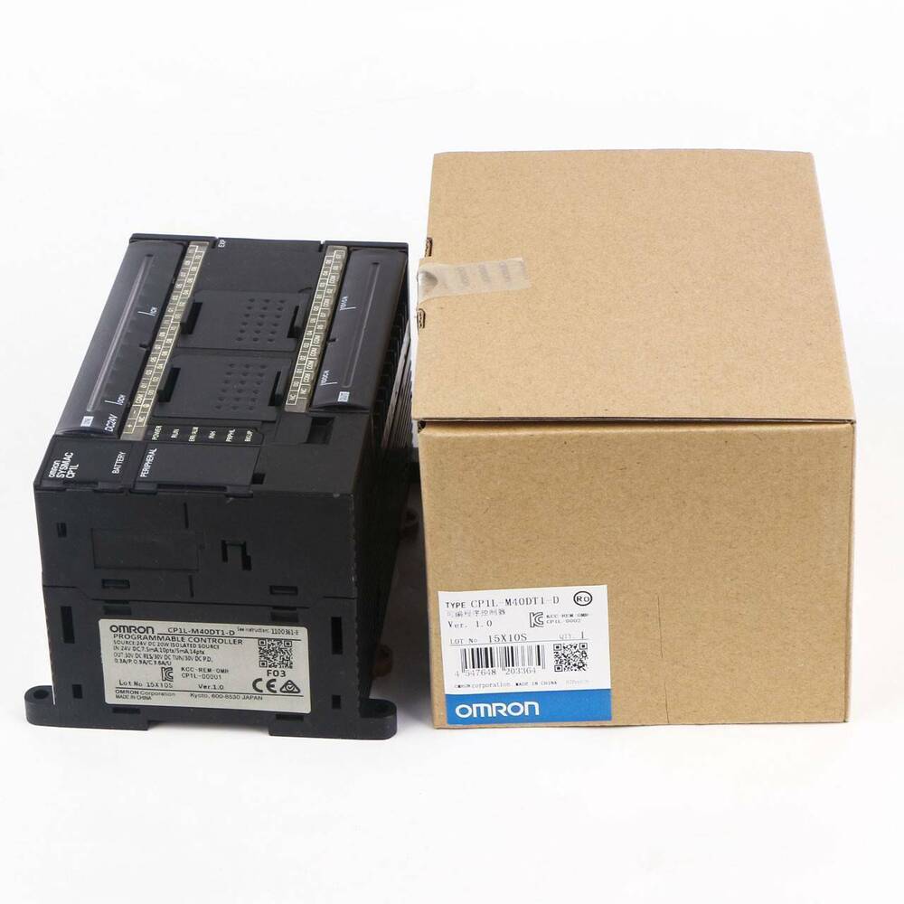 Omron CP1L-M40DT1-D Programmable Logic Controller (PLC) with box. Industrial automation equipment.