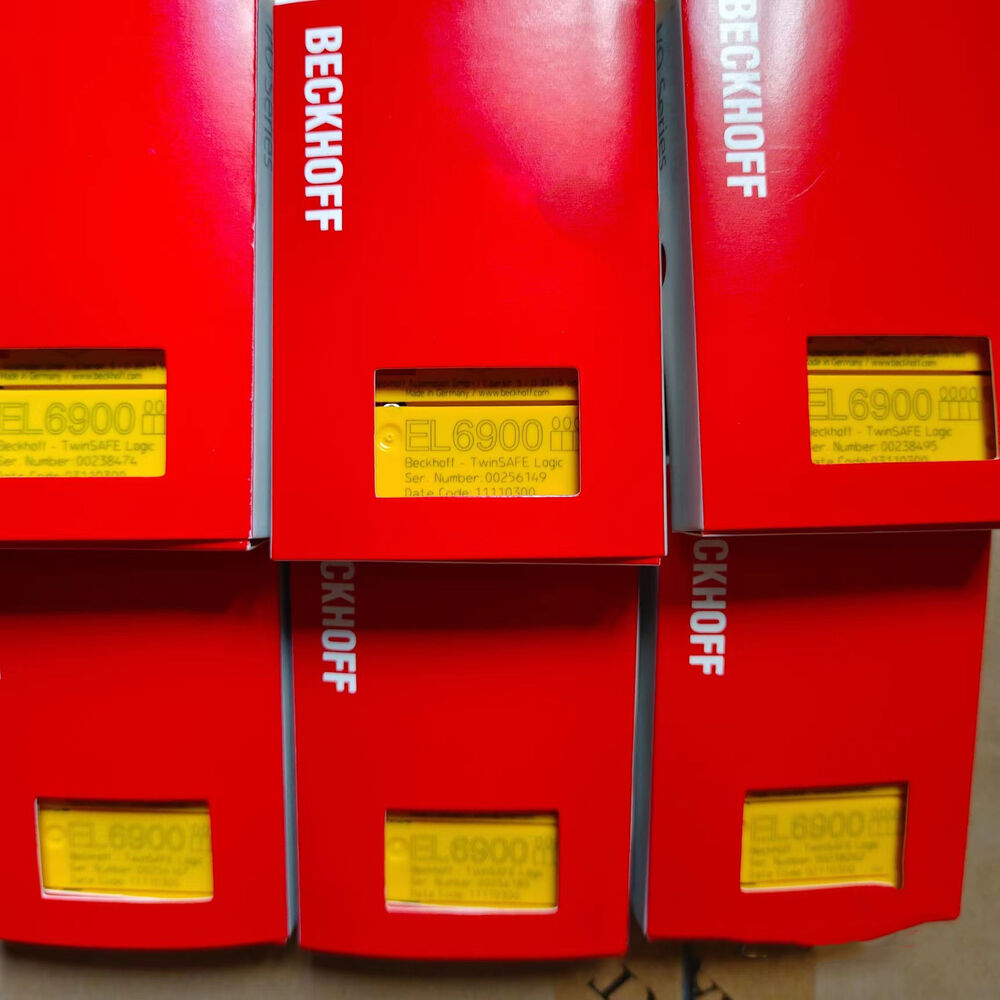 Beckhoff EL6900 PLC Module boxes in red, featuring TwinSAFE Logic, fast shipping for industrial automation.