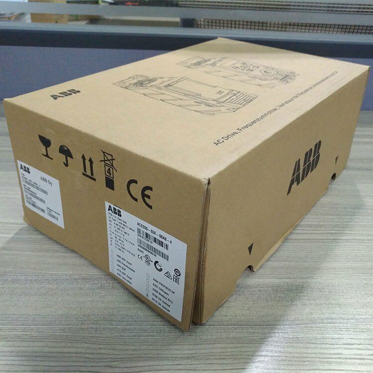 ABB ACS550-01-031A-4 Inverter box, brown cardboard packaging with labels, serial number, and CE marking