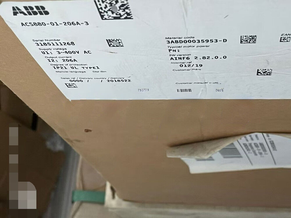 ABB ACS880-01-206A-3 frequency converter packaging with specifications and serial number 3185111268