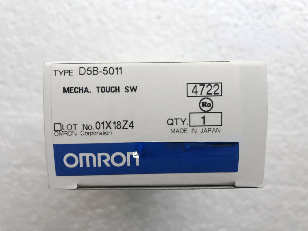 Omron D5B-5011 touch switch product packaging, Made in Japan, featuring product information like type and quantity.