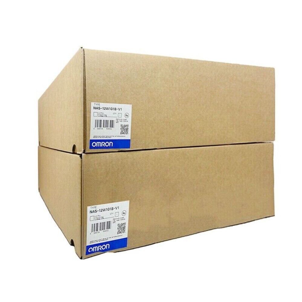 Two stacked Omron NA5-12W101B-V1 touch screen boxes, new industrial automation parts.