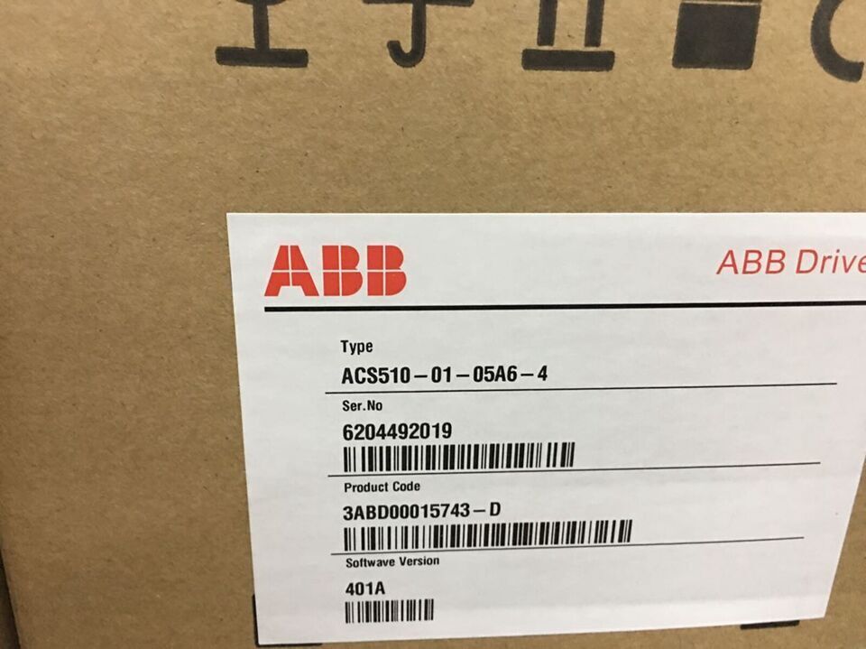 ABB ACS510-01-05A6-4 frequency converter box showing model, serial number, and product code details.