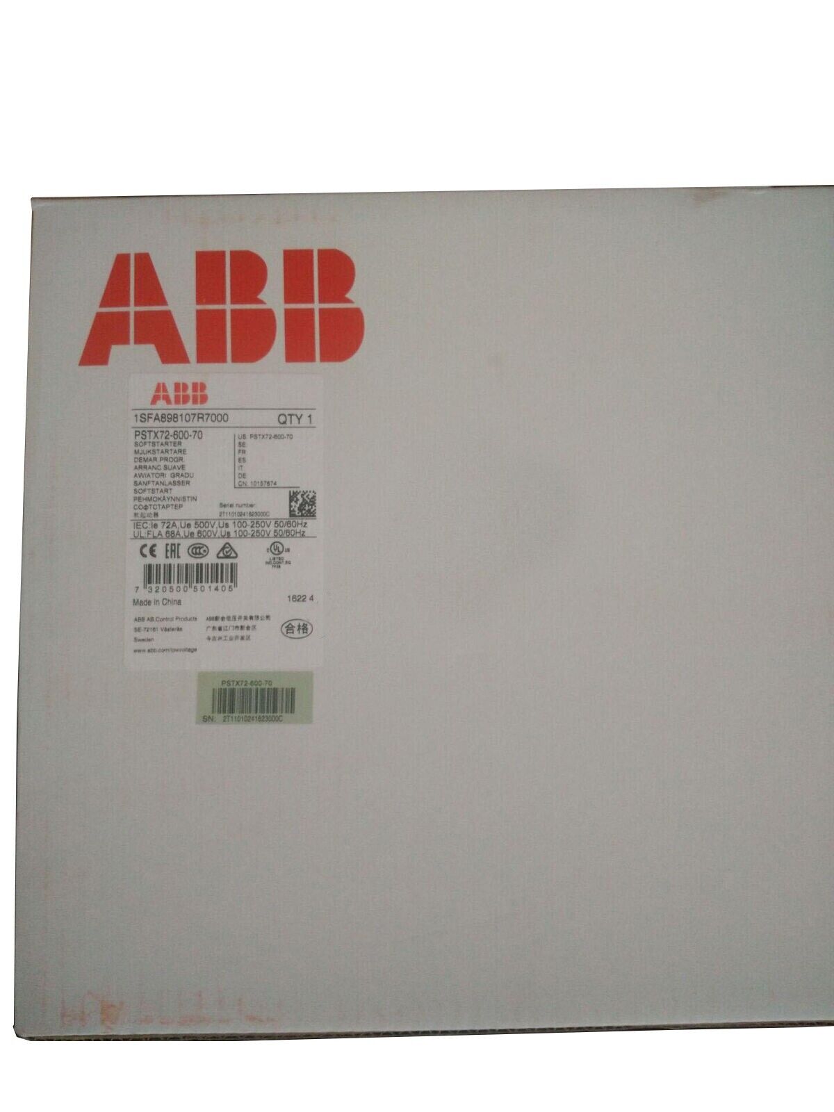 ABB PSTX72-600-70 Soft Starter, industrial automation part, on a white box, product label visible.