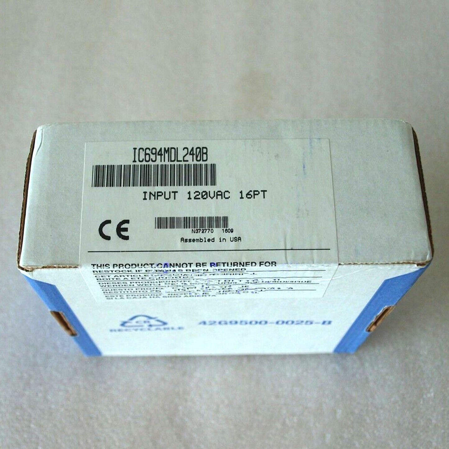 FANUC IC694MDL240B I/O Module, white box with labels, INPUT 120VAC 16PT, industrial automation parts.