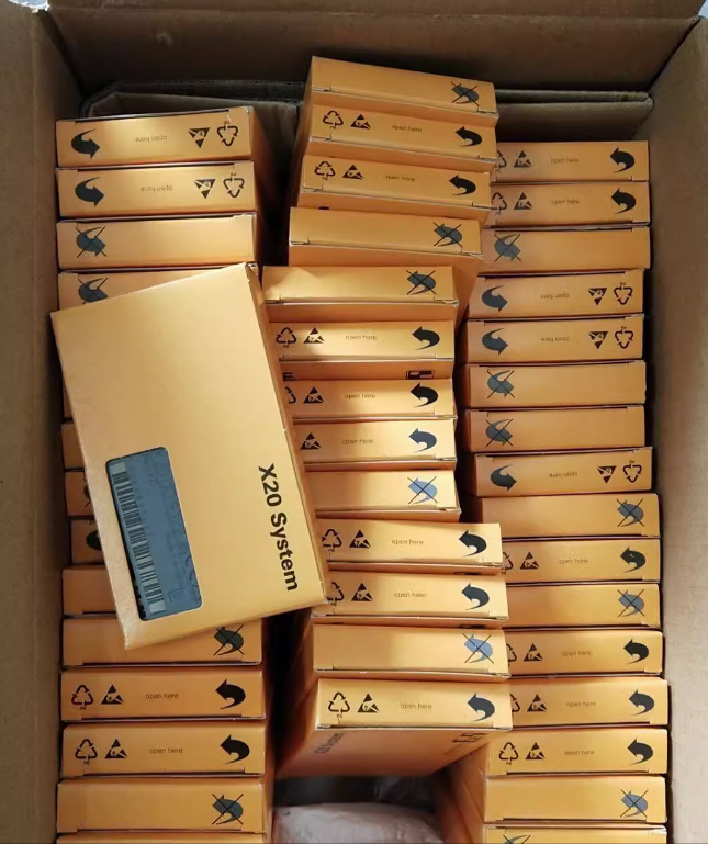 B&R X20 System Analog Output Modules in packaging, industrial automation parts, boxes inside a cardboard box.