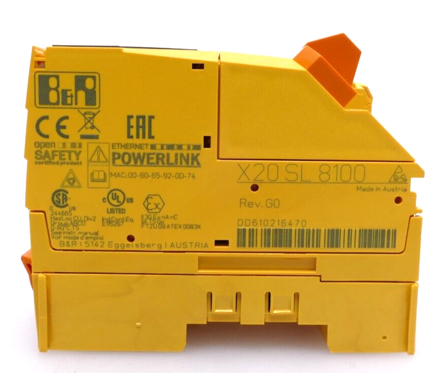 B&R X20 SL 8100 Central Unit Safe LOGIC I/O Module, Rev. G0, yellow industrial automation part, Powerlink, Made in Austria