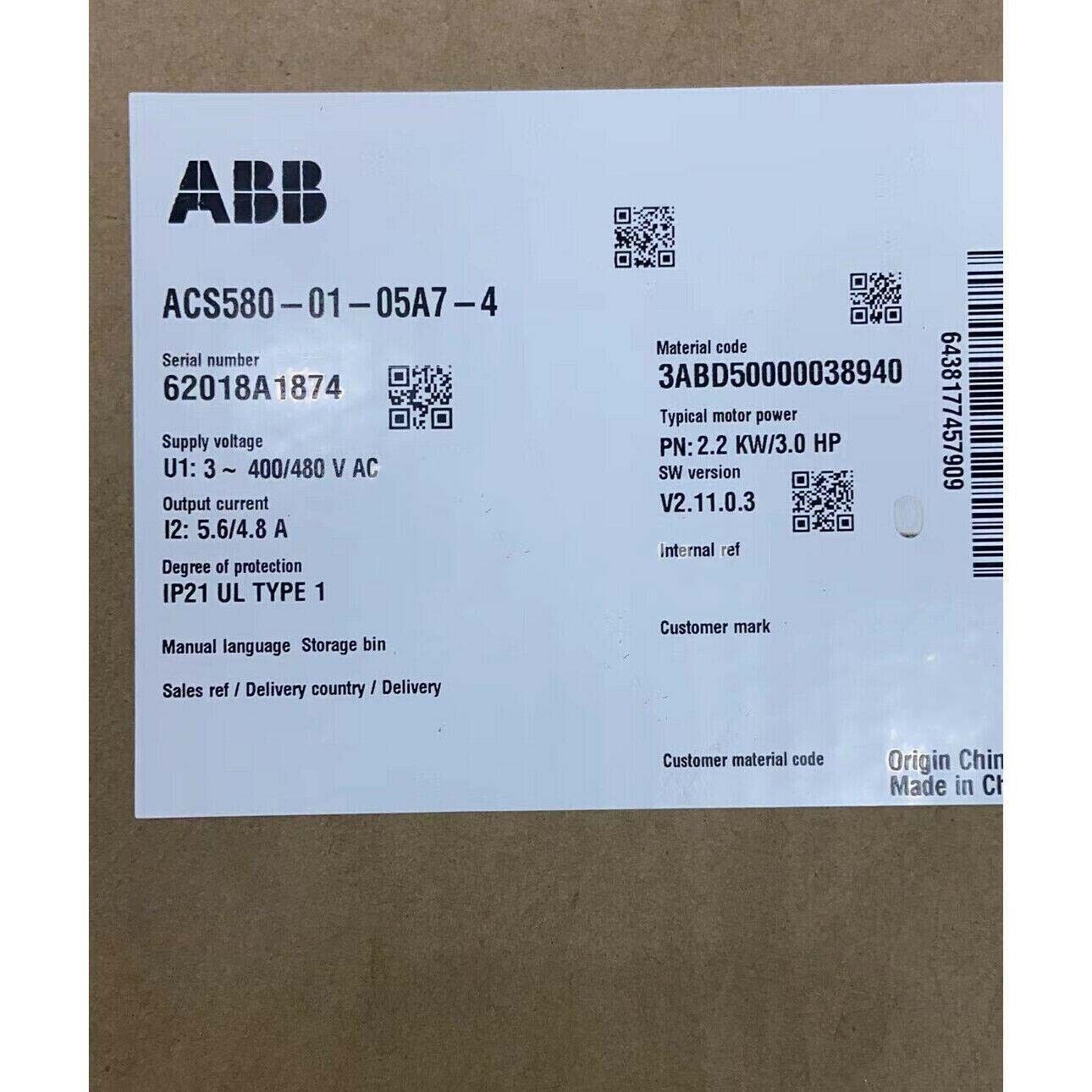 ABB ACS580-01-05A7-4 Frequency converter module label, 2.2KW/3.0HP with key specifications.