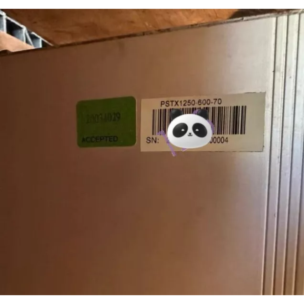 ABB PSTX1250-600-70 Soft Starter label, showing model number and serial number. Industrial automation part.