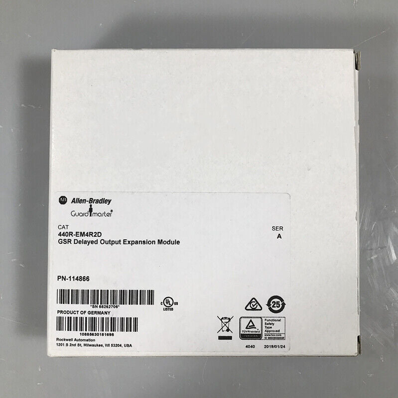 Allen-Bradley 440R-EM4R2D Guardmaster expansion module box, new, German origin. For industrial safety systems.